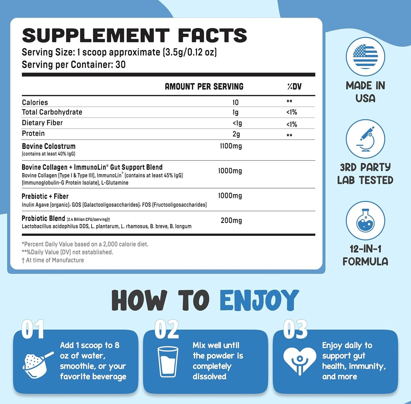 Bovine Colostrum+ Powder for Gut Health & Digestion - 12-in-1 Formula for Bloating, Immune Support & Energy - with 45% IgG ImmunoLin, Probiotics, Prebiotics, Collagen & L-Glutamine