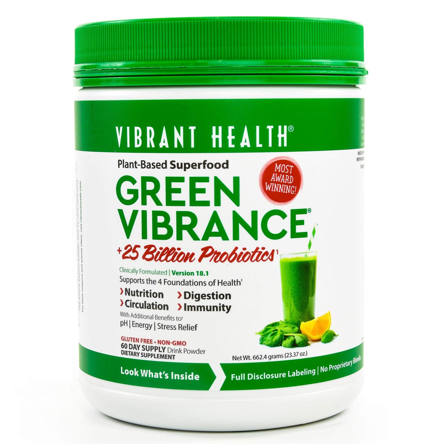 Vibrant Health, Green Vibrance, Includes 65 Plant-Based Superfoods, 25 Billion Probiotics, Fiber, Adaptogens & Enzymes, 83 Servings