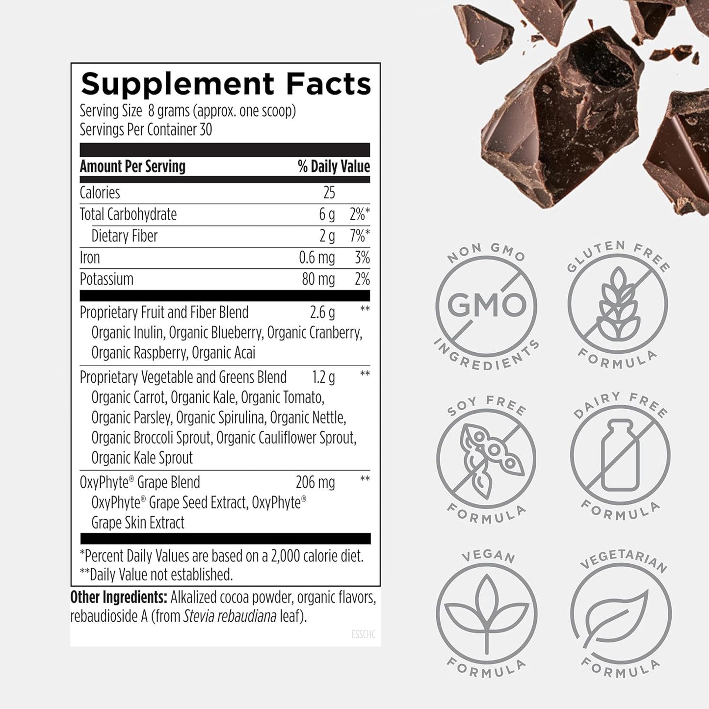 Designs for Health EssentiaGreens and Reds (Chocolate, 30 Servings), Vegan Superfood Powder with Spirulina, Kale & More, for Daily Nutrition and Digestive Health