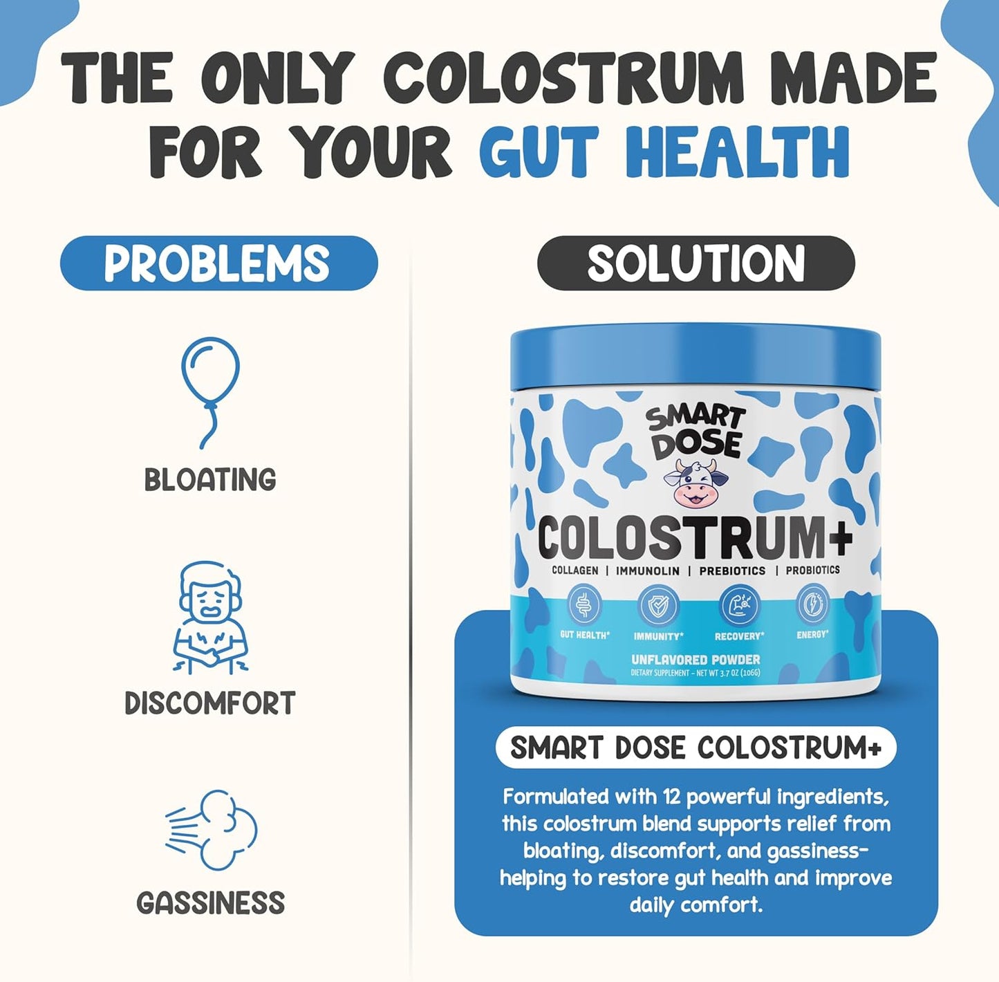 Bovine Colostrum+ Powder for Gut Health & Digestion - 12-in-1 Formula for Bloating, Immune Support & Energy - with 45% IgG ImmunoLin, Probiotics, Prebiotics, Collagen & L-Glutamine