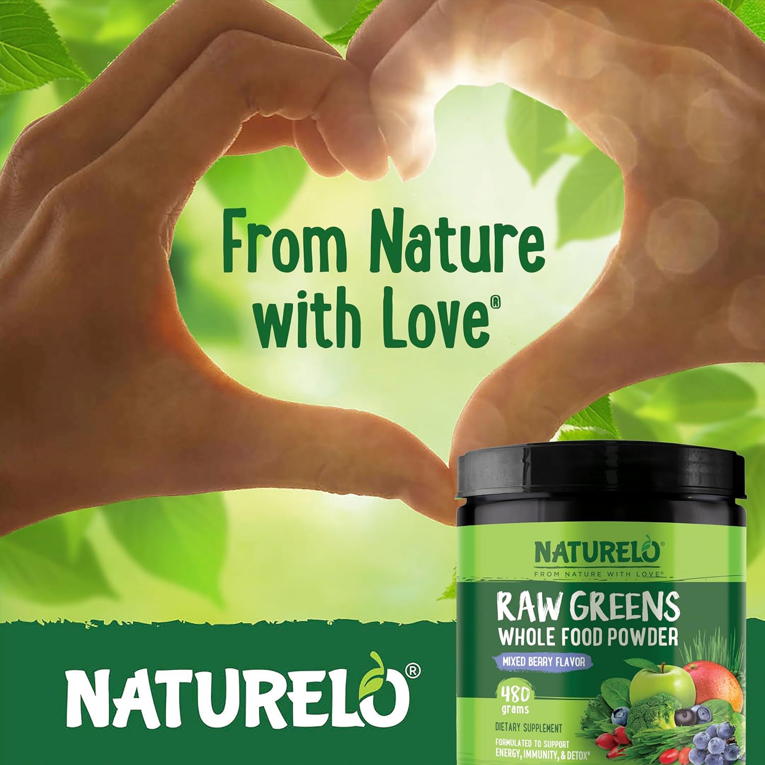NATURELO Raw Greens Superfood Powder - Mixed Berry - Boost Energy, Detox, Enhance Health - Organic Spirulina - Wheat Grass - Whole Food Nutrition from Fruits & Vegetables - 480 Grams