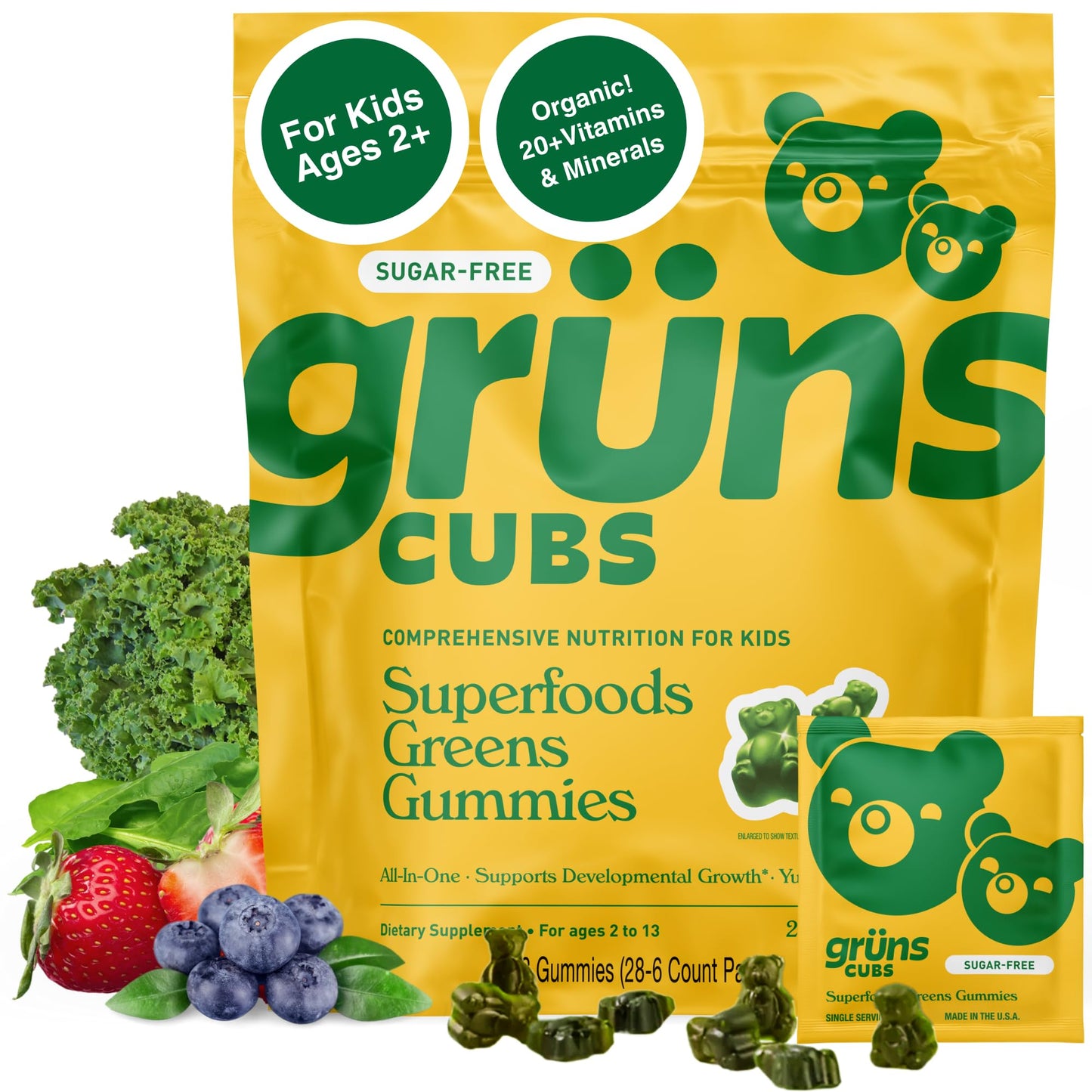 Gruns Kids Vitamins, Super Greens Gummies - Superfood Gummy Bears with Spirulina, Chlorella, 20+ Vitamins & Minerals, Prebiotics Fiber for Digestive Health, Adaptogens Supplement, 28 Day Supply