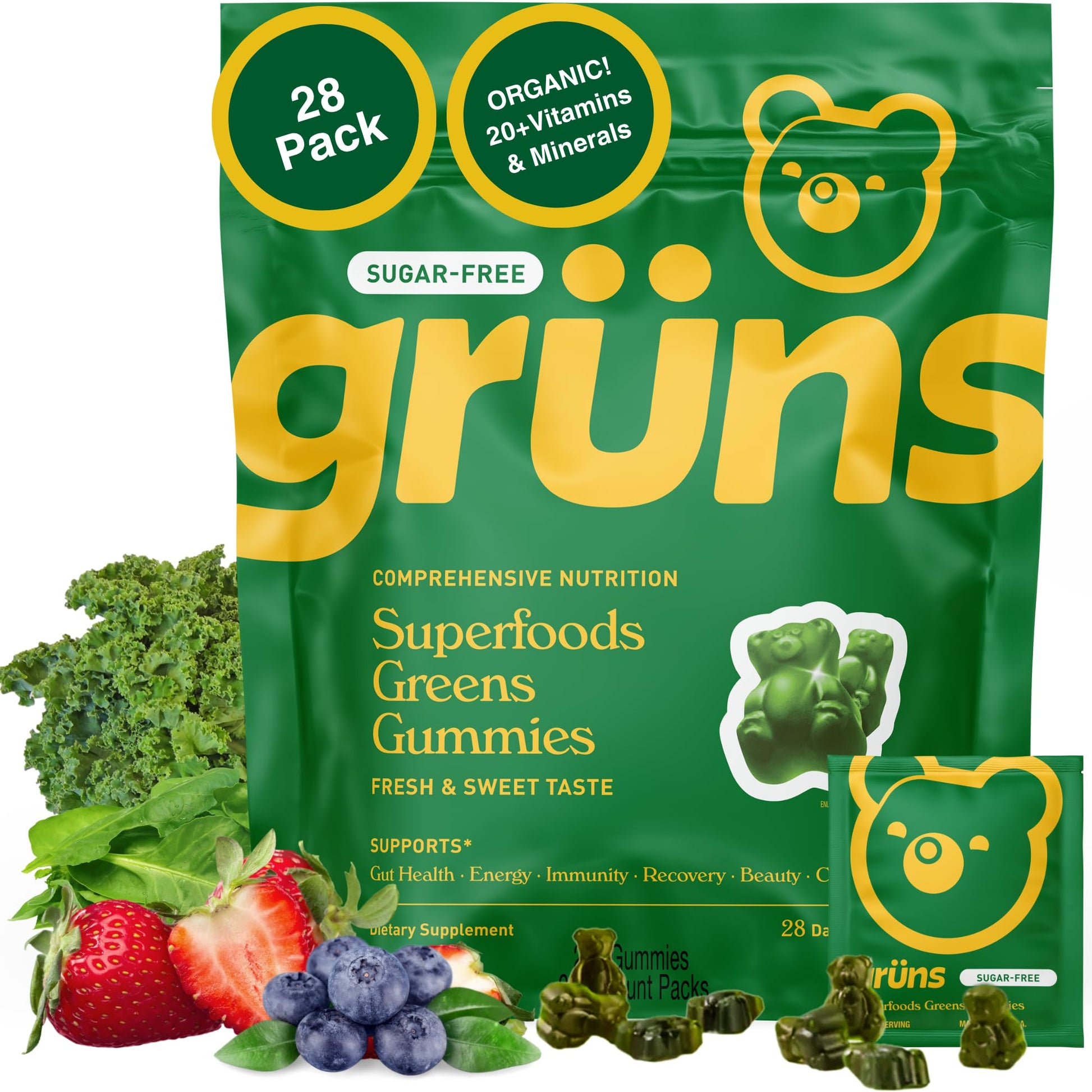 Gruns Adults Super Greens Gummies, Multivitamin Superfood Gummy Bears with Spirulina, Chlorella, Prebiotics & Fiber for Digestive Health, Adaptogens Supplement with 20 Vitamins & Minerals, 28 Count