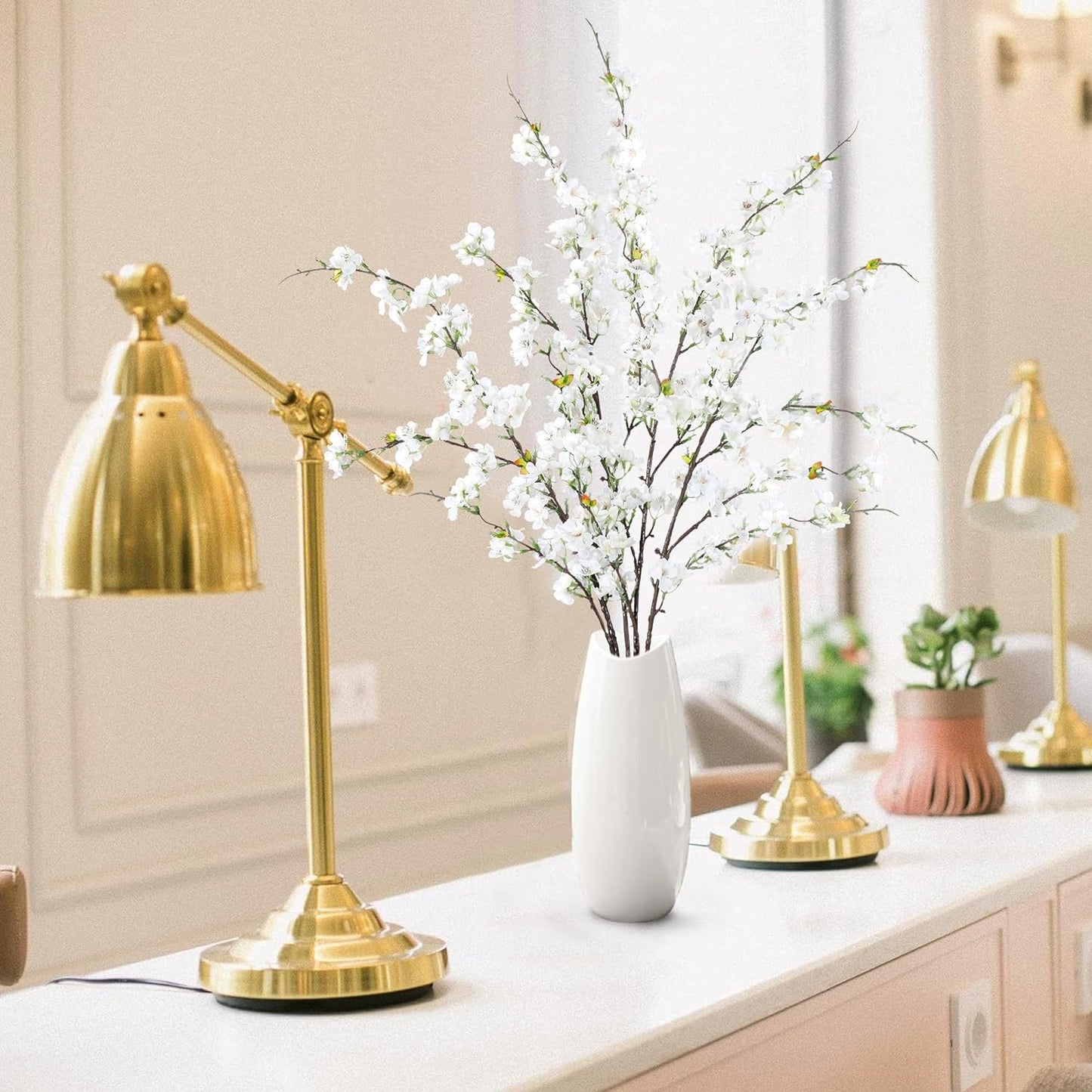 Sggvecsy Artificial Cherry Blossom Flowers 4 Pcs Faux Cherry Blossom Stems Faux Silk Cherry Blossom Branches 43’’ Fake Flowers Long Stems for Vase Arrangements Home Wedding Table Decor (White)