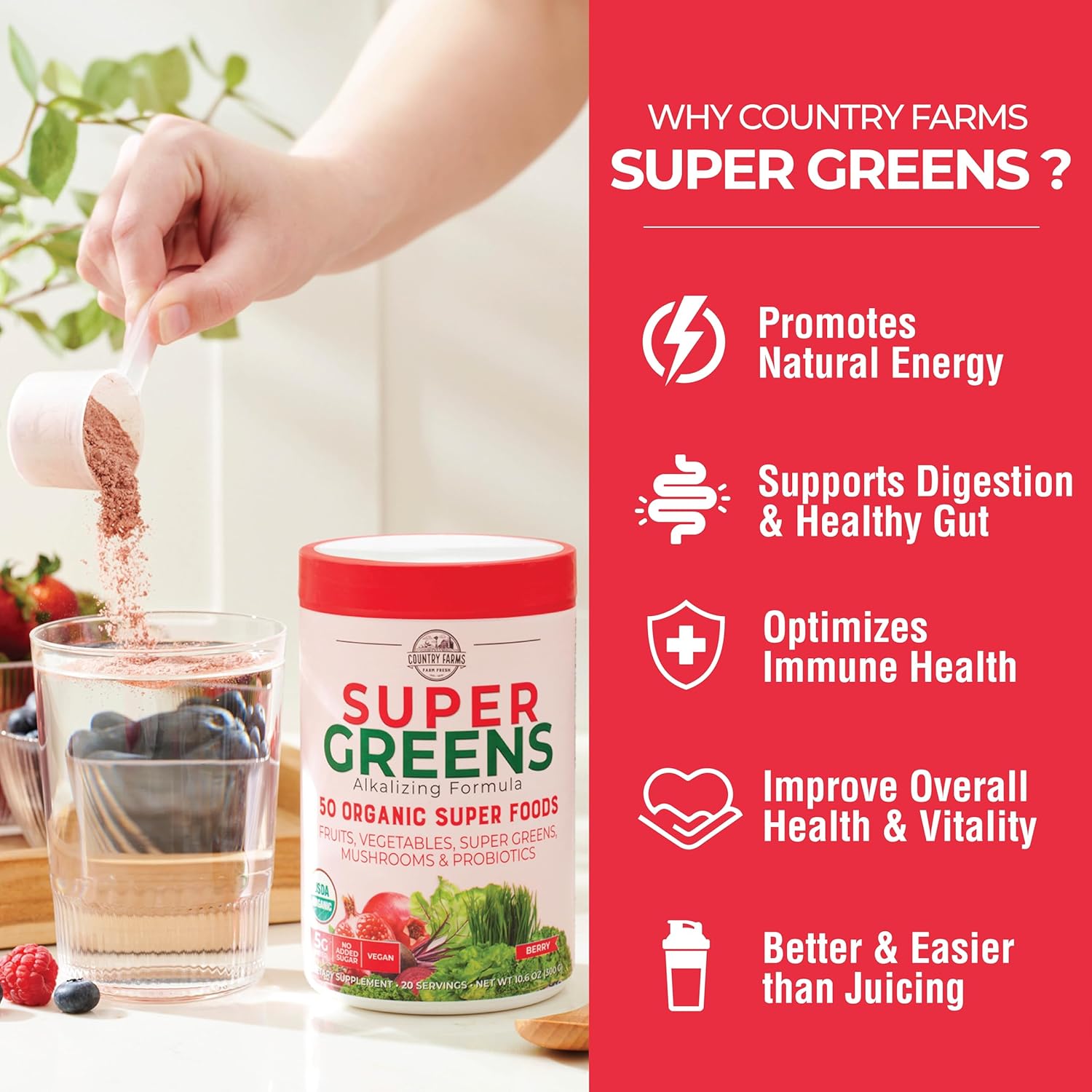 Country Farms Organic Super Greens Berry Flavor, 50 Organic Super Foods, Packed with Fiber, USDA Organic Drink Mix, Fruits, Vegetables, Mushrooms & Probiotics, Supports Energy, 5g Fiber