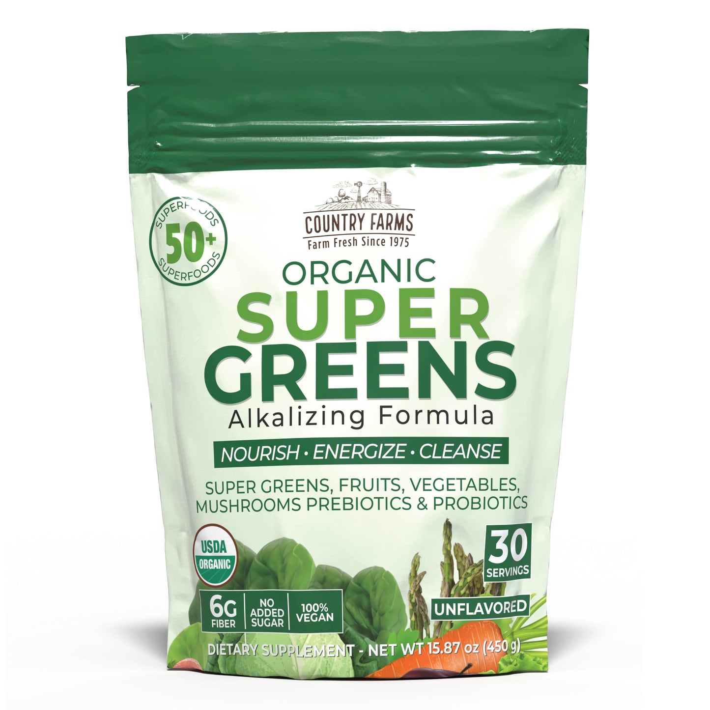 Country Farms Organic Super Greens Berry Flavor, 50 Organic Super Foods, Packed with Fiber, USDA Organic Drink Mix, Fruits, Vegetables, Mushrooms & Probiotics, Supports Energy, 5g Fiber