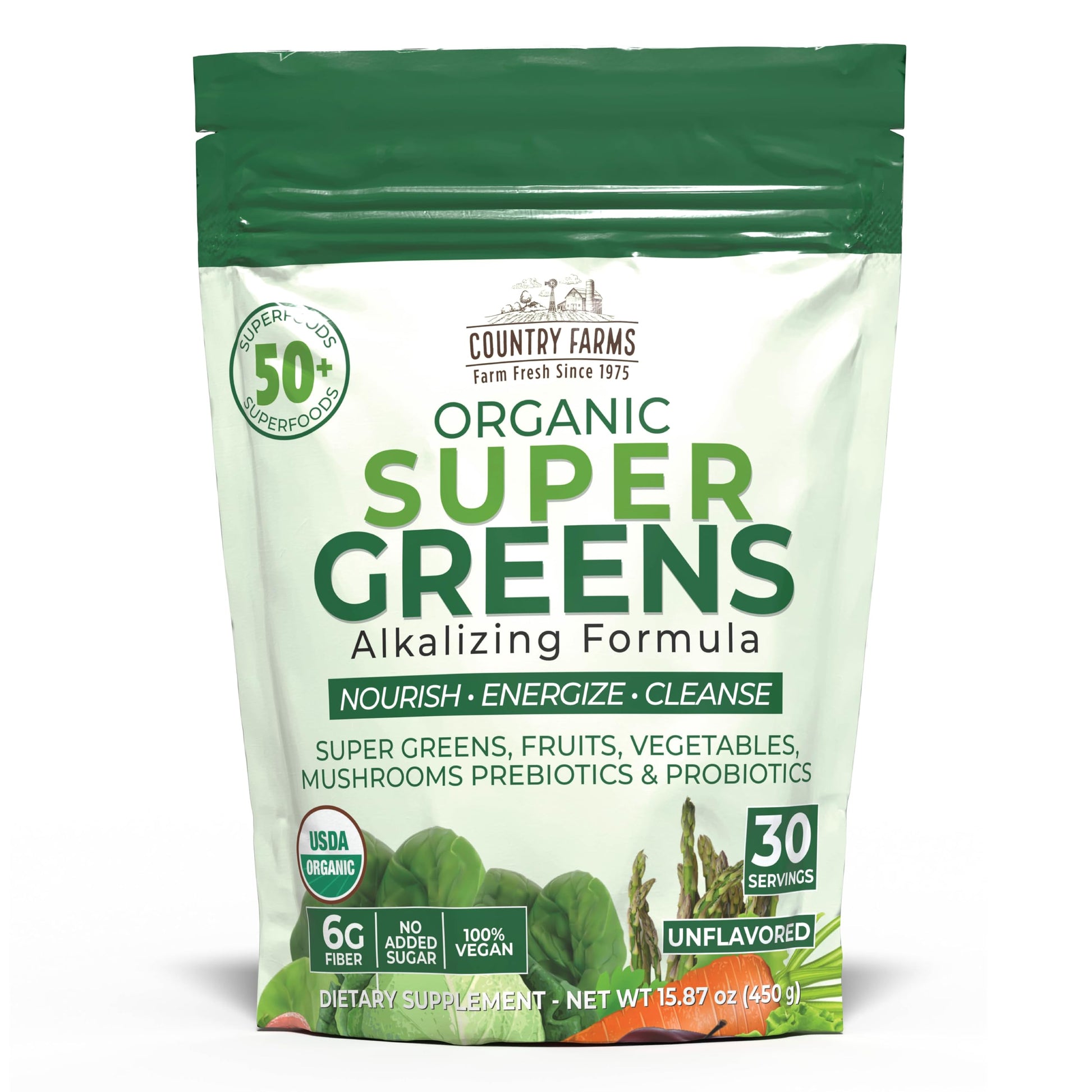 Country Farms Organic Super Greens Berry Flavor, 50 Organic Super Foods, Packed with Fiber, USDA Organic Drink Mix, Fruits, Vegetables, Mushrooms & Probiotics, Supports Energy, 5g Fiber