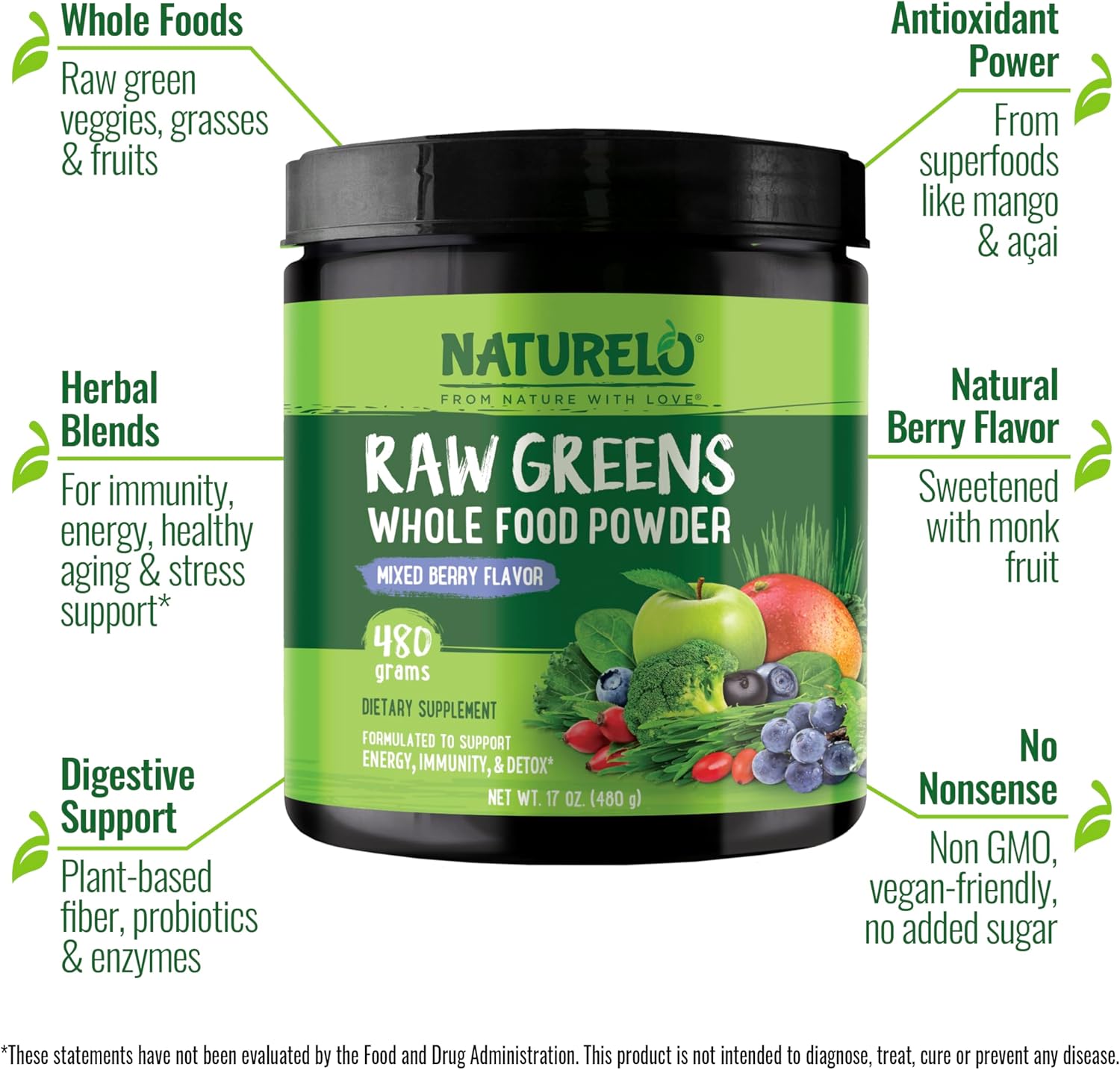 NATURELO Raw Greens Superfood Powder - Mixed Berry - Boost Energy, Detox, Enhance Health - Organic Spirulina - Wheat Grass - Whole Food Nutrition from Fruits & Vegetables - 480 Grams