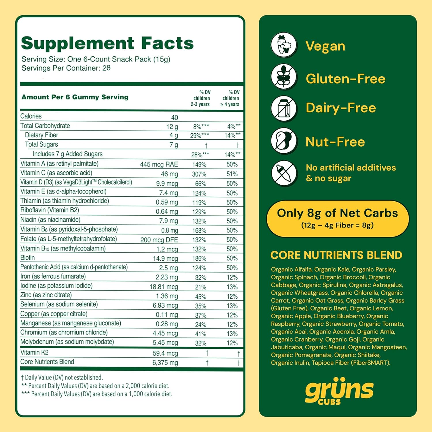 Gruns Kids Vitamins, Super Greens Gummies - Superfood Gummy Bears with Spirulina, Chlorella, 20+ Vitamins & Minerals, Prebiotics Fiber for Digestive Health, Adaptogens Supplement, 28 Day Supply