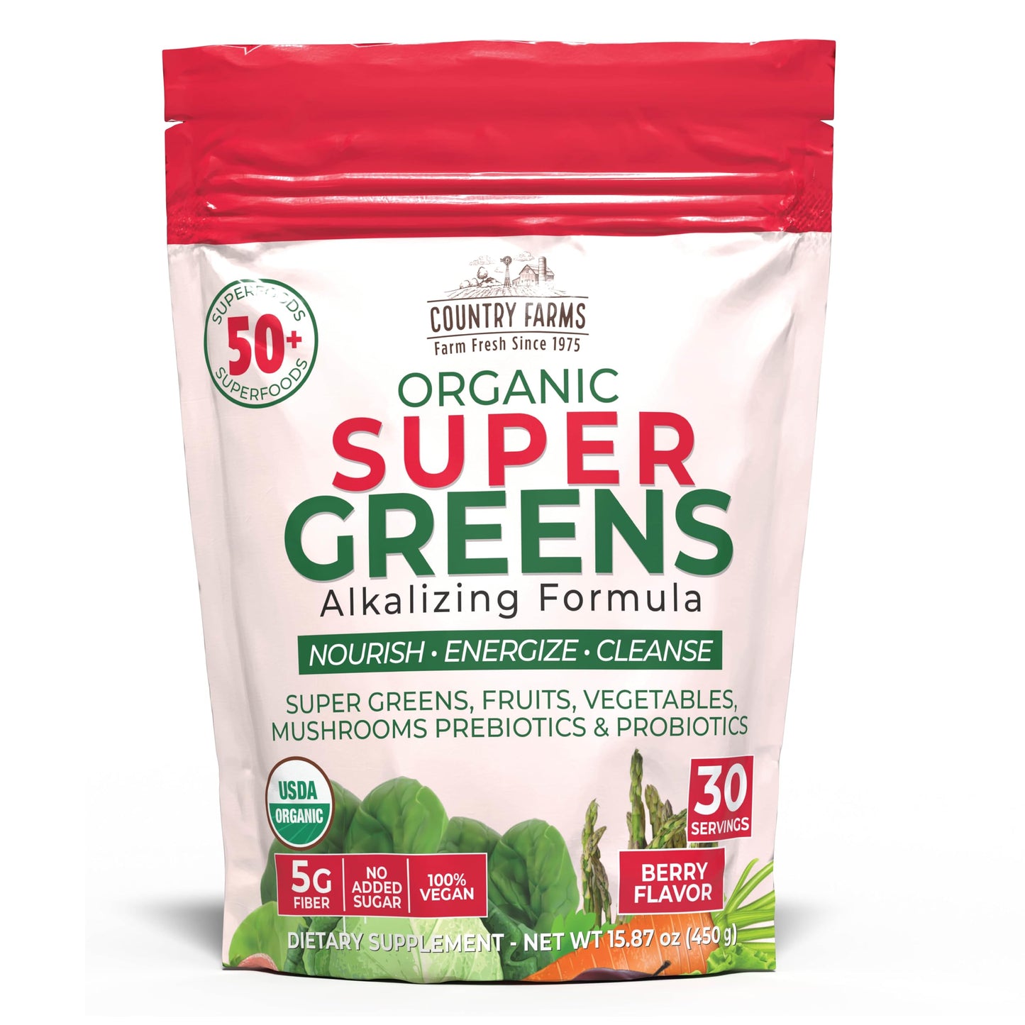 Country Farms Organic Super Greens Berry Flavor, 50 Organic Super Foods, Packed with Fiber, USDA Organic Drink Mix, Fruits, Vegetables, Mushrooms & Probiotics, Supports Energy, 5g Fiber