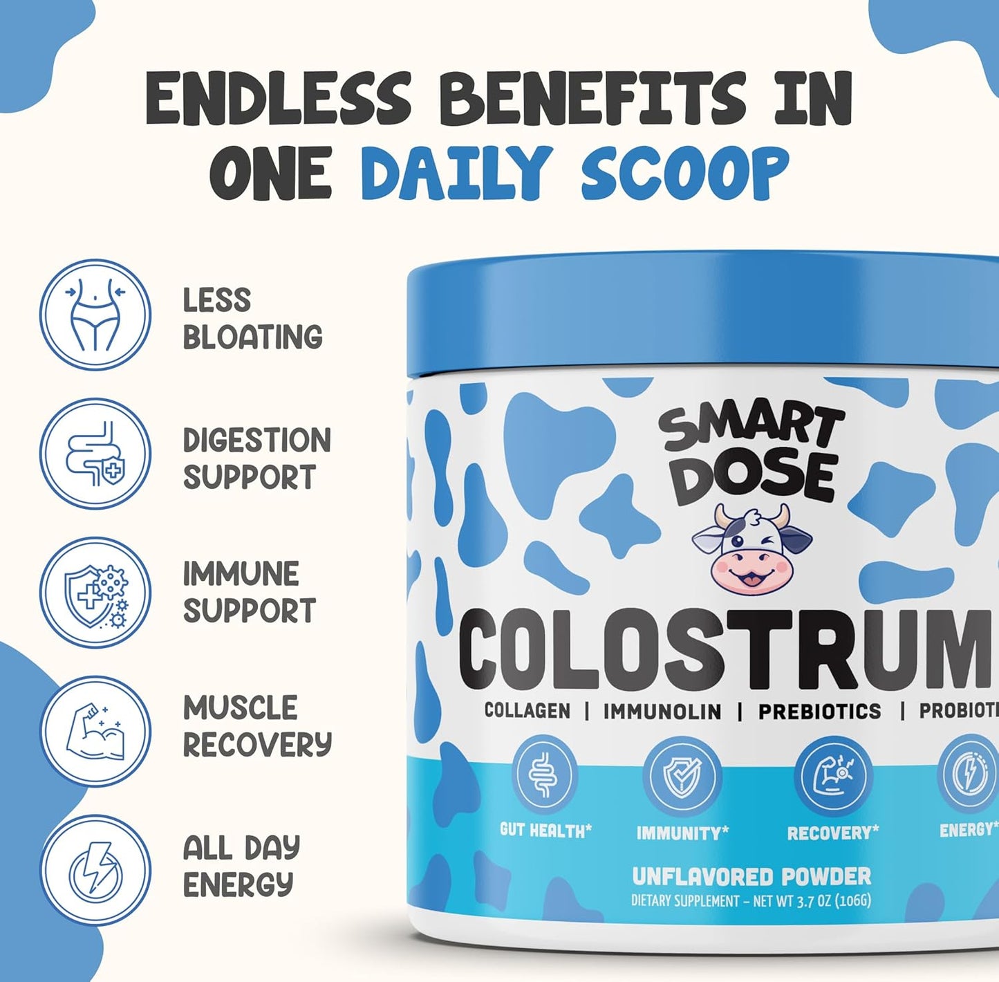 Bovine Colostrum+ Powder for Gut Health & Digestion - 12-in-1 Formula for Bloating, Immune Support & Energy - with 45% IgG ImmunoLin, Probiotics, Prebiotics, Collagen & L-Glutamine