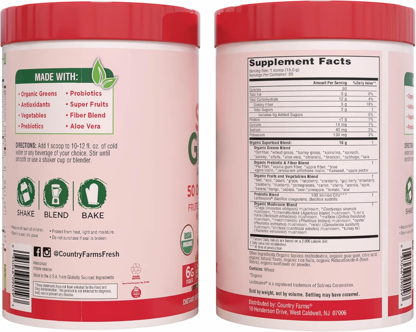 Country Farms Organic Super Greens Berry Flavor, 50 Organic Super Foods, Packed with Fiber, USDA Organic Drink Mix, Fruits, Vegetables, Mushrooms & Probiotics, Supports Energy, 5g Fiber