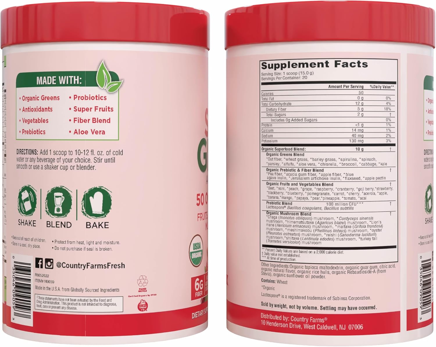 Country Farms Organic Super Greens Berry Flavor, 50 Organic Super Foods, Packed with Fiber, USDA Organic Drink Mix, Fruits, Vegetables, Mushrooms & Probiotics, Supports Energy, 5g Fiber