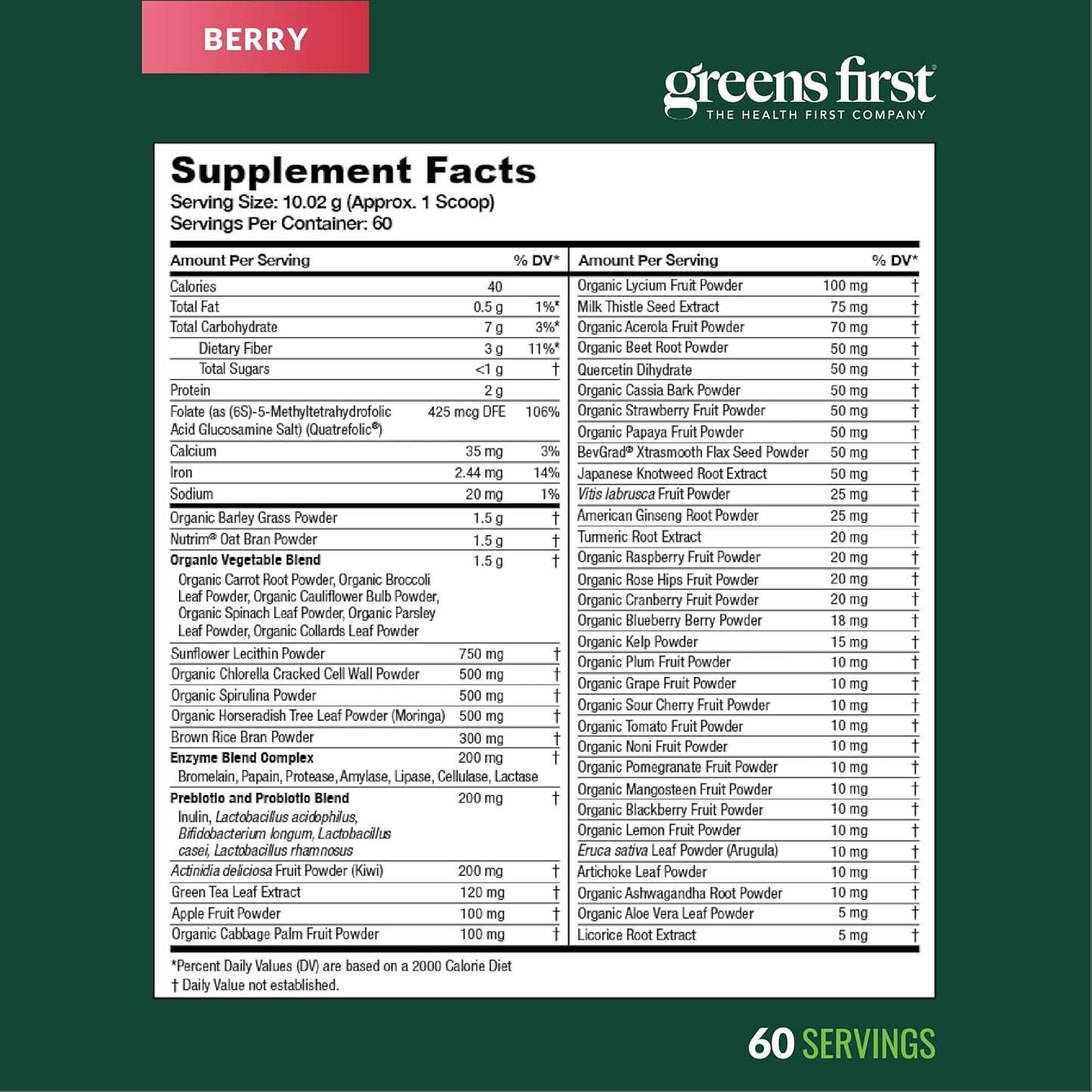 Greens First Original Greens Powder - 49 Superfoods - Organic Fruits & Veggies - Prebiotics, Probiotics & Digestive Enzymes - Antioxidant Smoothie - Dairy Free, Vegan & Non-GMO (Berry, 60 Servings)