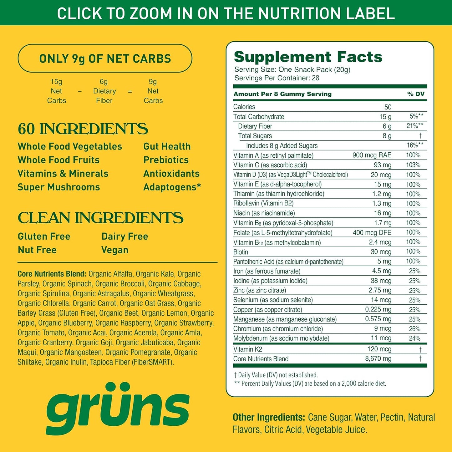Gruns Adults Super Greens Gummies, Multivitamin Superfood Gummy Bears with Spirulina, Chlorella, Prebiotics & Fiber for Digestive Health, Adaptogens Supplement with 20 Vitamins & Minerals, 28 Count