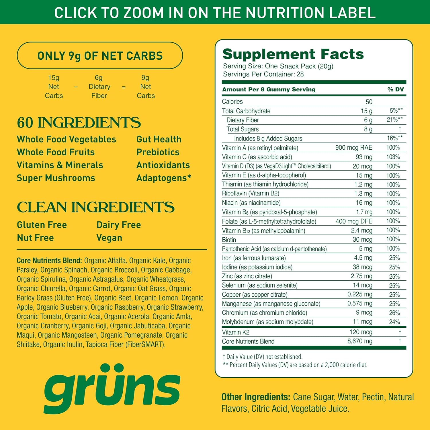 Gruns Adults Super Greens Gummies, Multivitamin Superfood Gummy Bears with Spirulina, Chlorella, Prebiotics & Fiber for Digestive Health, Adaptogens Supplement with 20 Vitamins & Minerals, 28 Count
